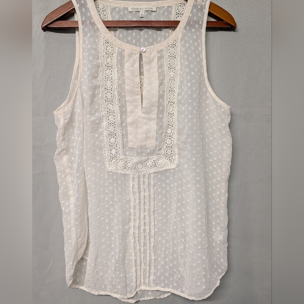 Daniel Rainn Ivory Swiss Dot Lace-Trim Sleeveless Sheer Blouse Size Small